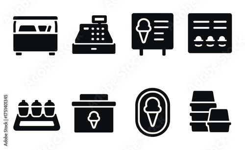 Ice cream shop icon set featuring cash register, menu, and containers