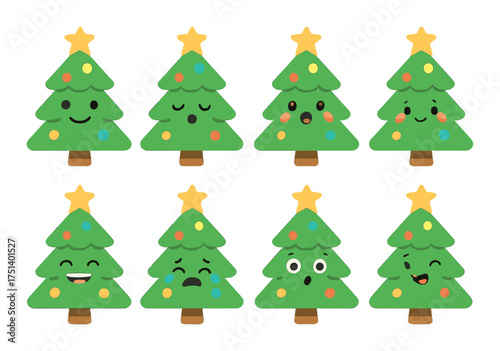 Cute animated christmas trees with various expressions and decorations