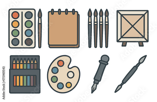 Art supplies collection: paints, brushes, easel, sketchpad, palette, pencils, dropper