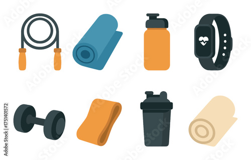 Fitness equipment icons: jump rope, yoga mat, water bottle, fitness tracker, dumbbell, towel, shaker, foam roller