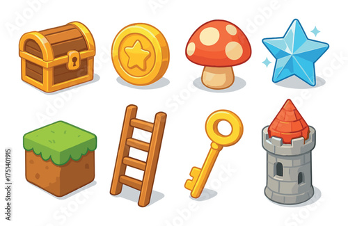 Colorful game icons set featuring chest, coin, mushroom, star, block, ladder, key, tower