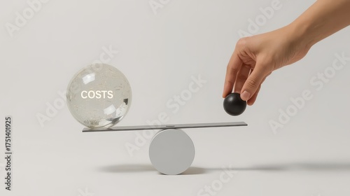 Hand balancing a black sphere against a costs sphere on a seesaw on a white background