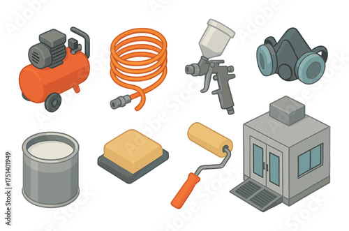 Set of spray painting tools: compressor, mask, roller, and booth illustration