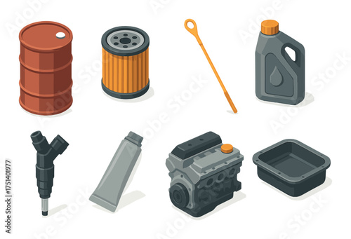 Assorted car parts and tools: barrel, filter, dipstick, oil, adapter, grease, engine, pan