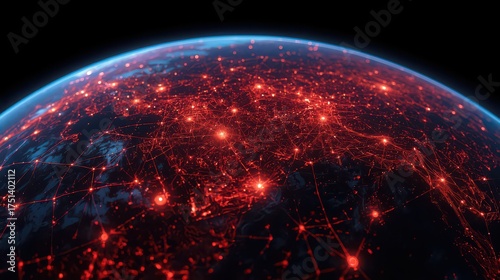 A digital representation of earth with glowing red network connections and a blue atmosphere layer