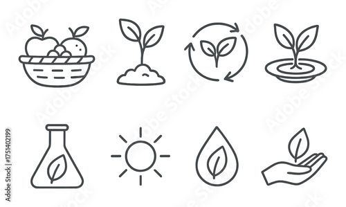 Set of minimalist icons for sustainable agriculture and eco-friendly practices