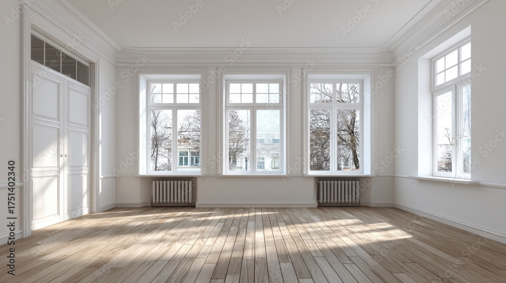 Fototapeta premium Bright and Spacious Empty Room with Large Windows and Wooden Floor for Interior Design Ideas and Home Decor Inspiration