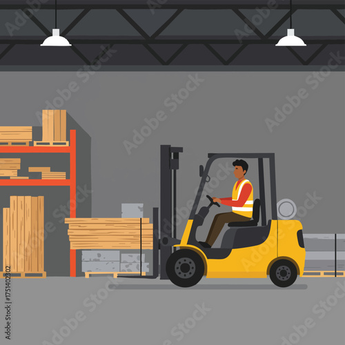 A dedicated worker skillfully operates a bright yellow forklift, efficiently moving stacked wooden planks within the spacious, well-organized industrial warehouse.