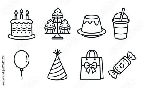 Party icons: cake, cupcakes, jelly, drink, balloon, hat, gift bag, cracker