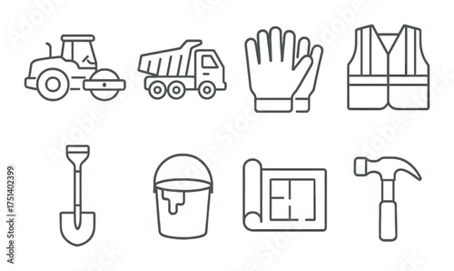 Silhouette icons of construction equipment and safety gear on grunge background