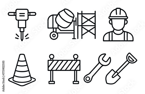 Construction tools and safety gear icons with worker outline on dark background
