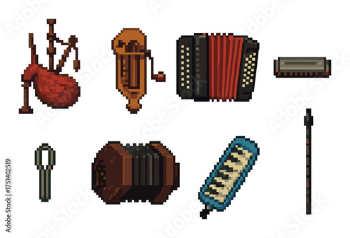 Pixel art musical instruments: bagpipes, violin, accordion, harmonica, concertina, melodica, recorder