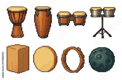 Pixel art percussion: drums, bongos, tambourine, and more on yellow background