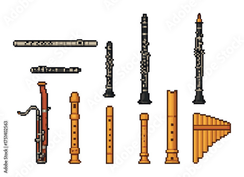 Collection of pixel art wind instruments on yellow background