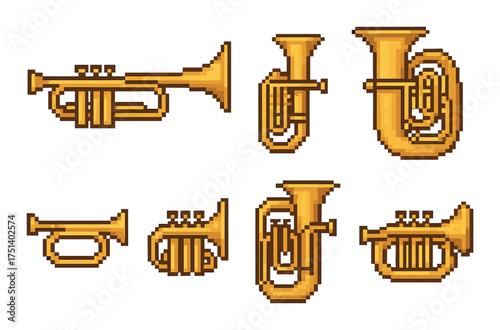 Pixel art brass instruments on golden background
