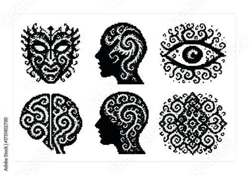 Ornate black and white patterns with silhouette profiles and abstract designs