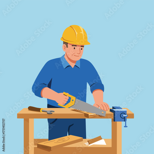 A focused handyman in a yellow hardhat meticulously saws a wooden board on a sturdy workbench, embodying hard work and practical skills.