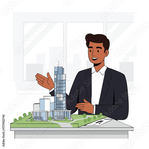 A confident architect presents a meticulously crafted scale model of a modern high-rise building and urban development project, highlighting innovative design.