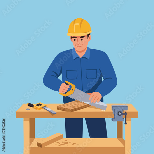 An experienced male worker, dressed in a blue uniform and yellow hard hat, carefully saws a wooden board on a workbench with various tools.