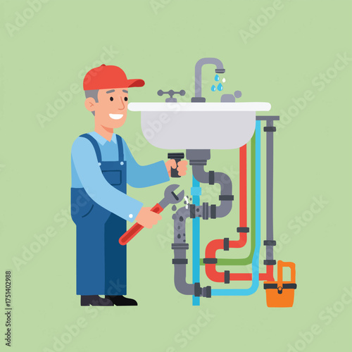 A cheerful plumber in blue overalls and a red cap skillfully repairs a bathroom sink's intricate piping with a wrench, ensuring proper function.