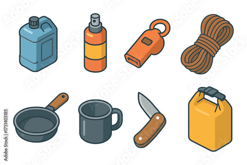 Essential camping gear icons with knife, rope, whistle, and more