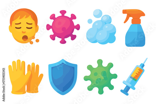 Colorful health icons: sick male, virus, soap, spray, gloves, shield, germ, syringe