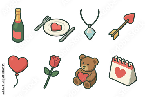 Romantic symbols collection: bottle, plate with heart, necklace, arrow, balloon, rose, teddy bear, calendar