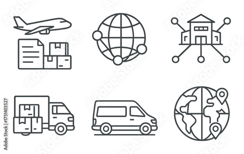 Logistics and transportation icons: airplane, globe, warehouse, truck, van, network connections