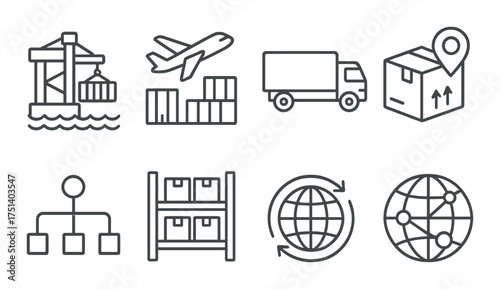 Logistics and supply chain icons: transportation, delivery, and global distribution