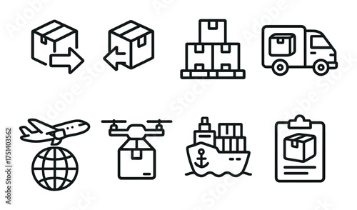 Logistics icons: delivery, shipment, transportation, and packaging symbols
