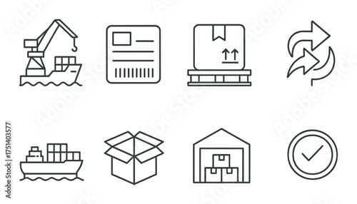 Logistics and shipping icons: cargo ship, barcode, packaging, warehouse, arrows