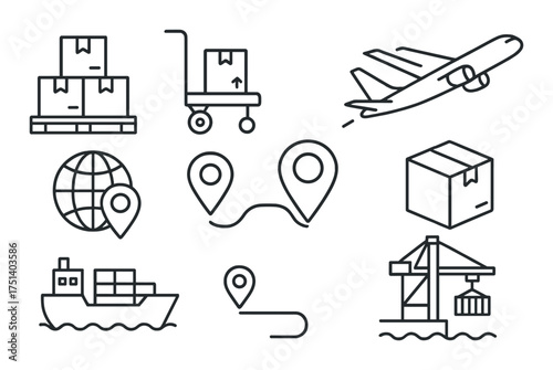 Global logistics icons: shipping, air transport, navigation, and delivery symbols