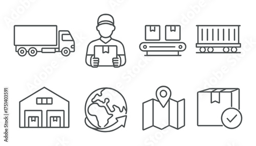 Logistics icons: delivery truck, warehouse, conveyor, global shipping, package handling