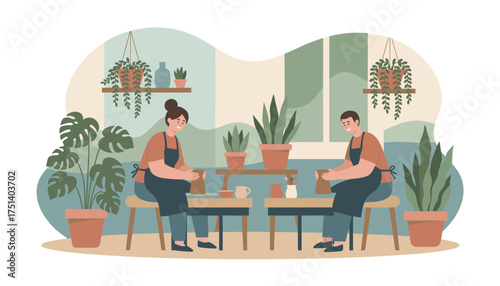 Happy couple enjoying a pottery workshop crafting ceramics amidst lush plants Creative hobby