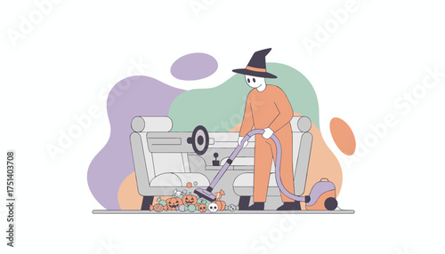 Witch vacuums Halloween candy and pumpkins from car festive cleanup illustration