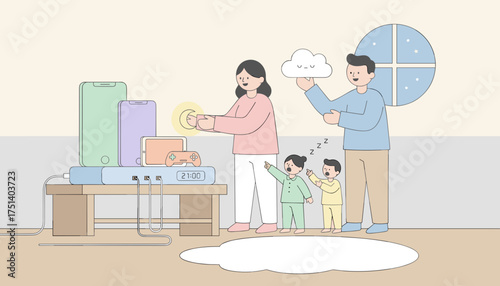 Familys digital detox bedtime routine parents turn off screens for healthy sleep