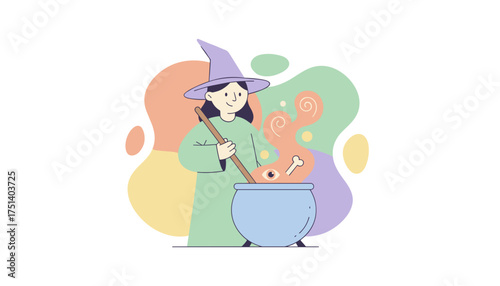 Smiling witch stirring a magic potion in a cauldron with an eyeball and bone Halloween concept