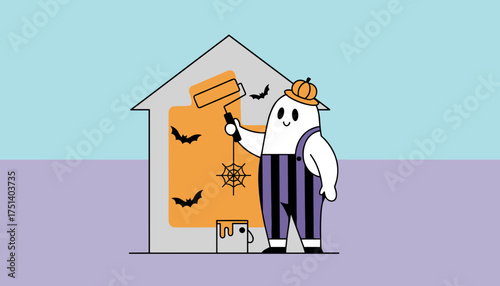 Cheerful ghost in a pumpkin hat painting a house with Halloween bats and spiderweb