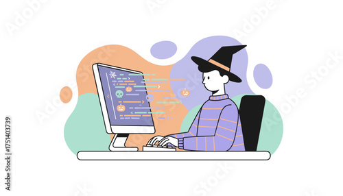 Coder in witch hat develops Halloweenthemed software Seasonal tech work and spooky digital concept
