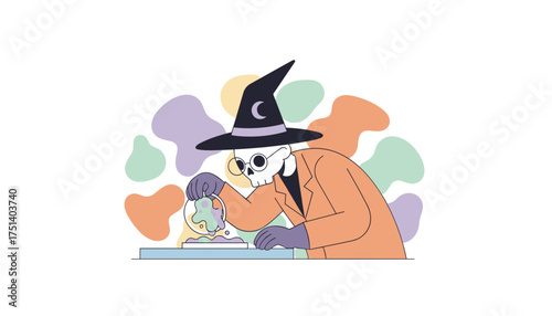 Skeleton wizard scientist mixing colorful potions Halloween magic science concept