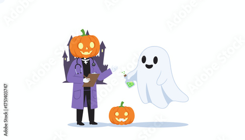 Whimsical Halloween illustration pumpkin doctor examines ghost holding glowing potion Fun spooky magical