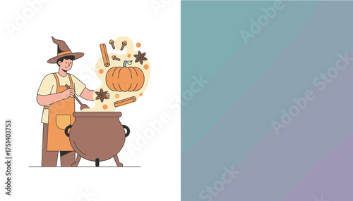 Man in witch hat stirs a cauldron with pumpkin cinnamon and spices for a cozy autumn brew