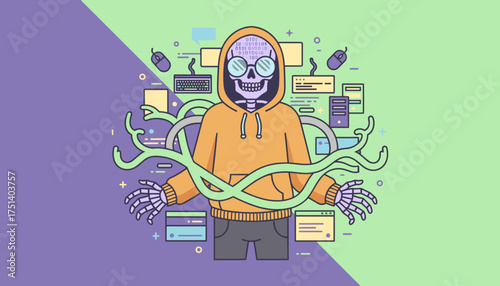 Hacker skeleton with binary code glasses surrounded by digital elements Cybersecurity coding IT