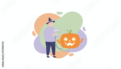 Person in witch hat digitally connecting to a glowing Halloween pumpkin Festive tech concept