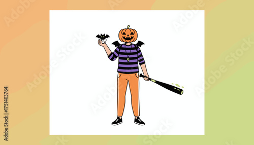 Playful Halloween character with pumpkin head bat wings holding a toy bat and glowing baseball bat
