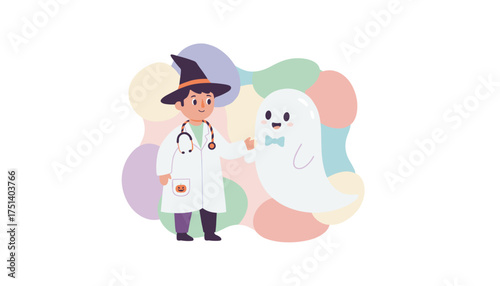 Friendly doctor in witch hat examines a cute ghost Halloween care and medical fantasy