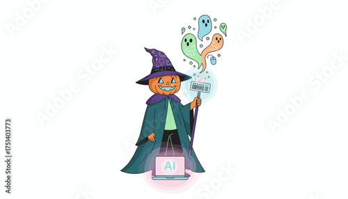 AI wizard pumpkin conjures tech ghosts from keyboard staff and glowing laptop blending magic  technology