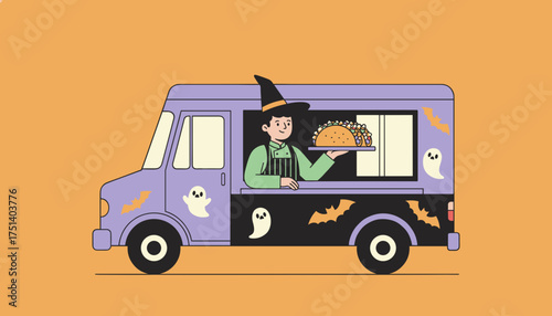 Witch chef on a Halloween food truck serves tacos perfect for spooky holiday promotions