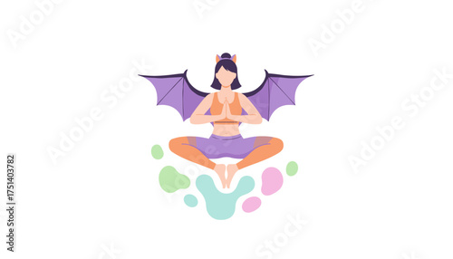 Whimsical batwinged woman meditating in a serene yoga pose floating with colorful shapes