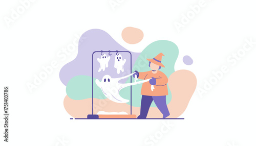Person in witch hat preparing Halloween ghost decorations Festive spooky season activities